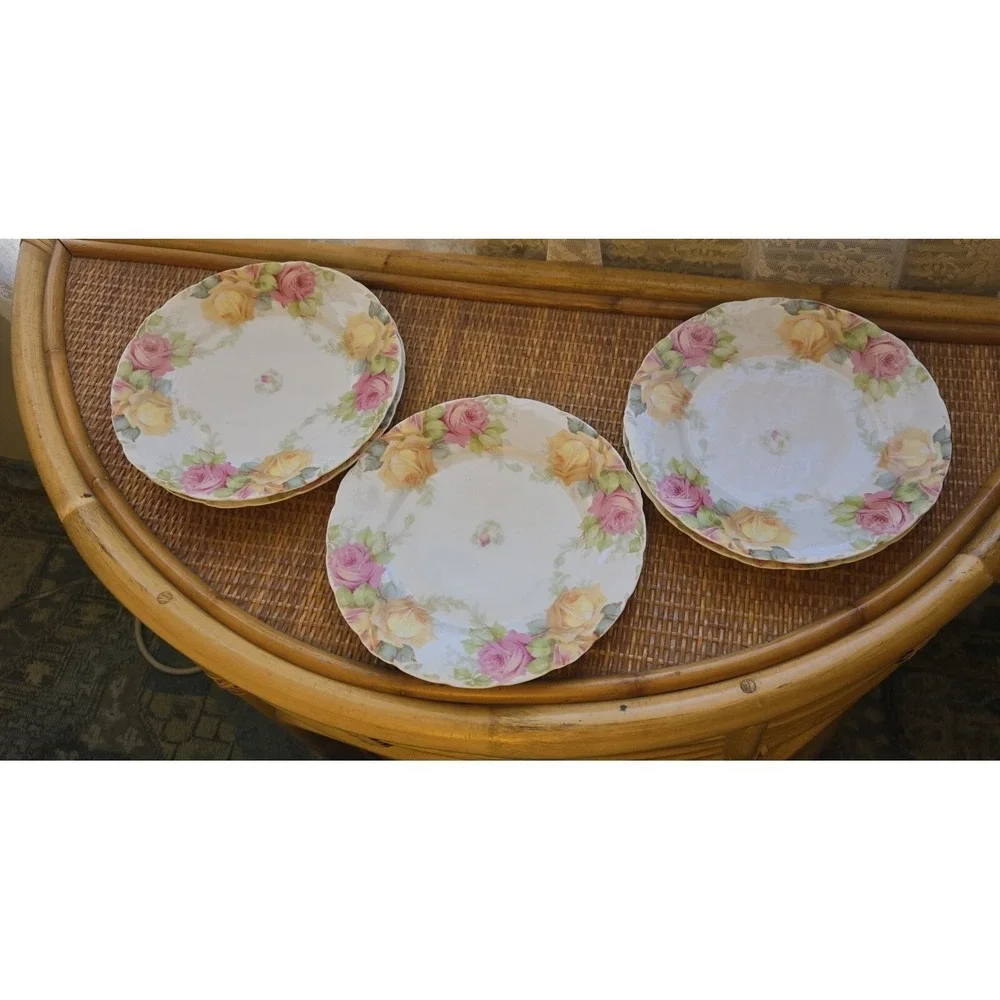 Antique Porcelain Plates 'Louvre' Series Hand- Painted Pink And Yellow Roses